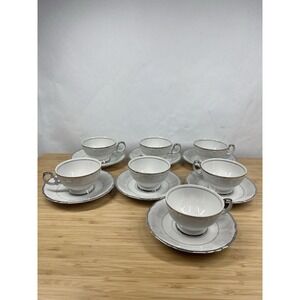 Harmony House Silver Sonata Teacups & Saucers Set of 7 Japan Fine China